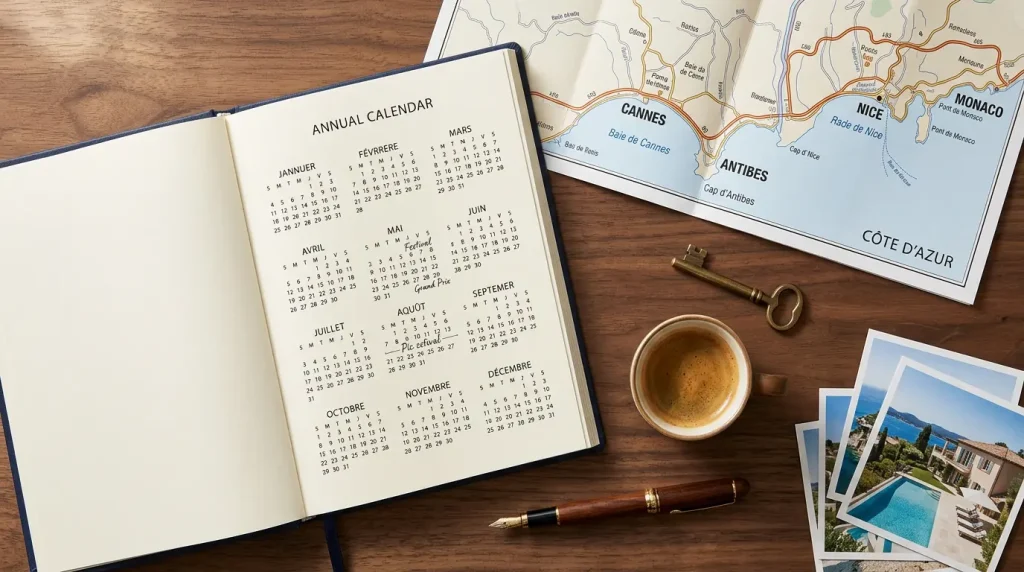 Calendrier annuel et carte de la Côte d'Azur pour planifier la tarification dynamique d'un Airbnb
