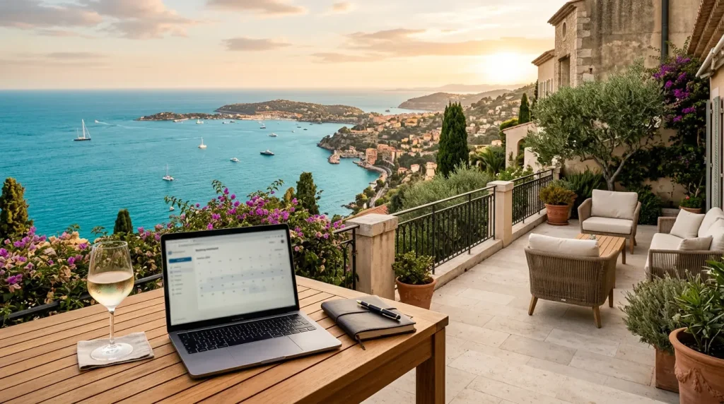 Terrasse d'appartement haut de gamme avec vue sur la Méditerranée sur la Côte d'Azur