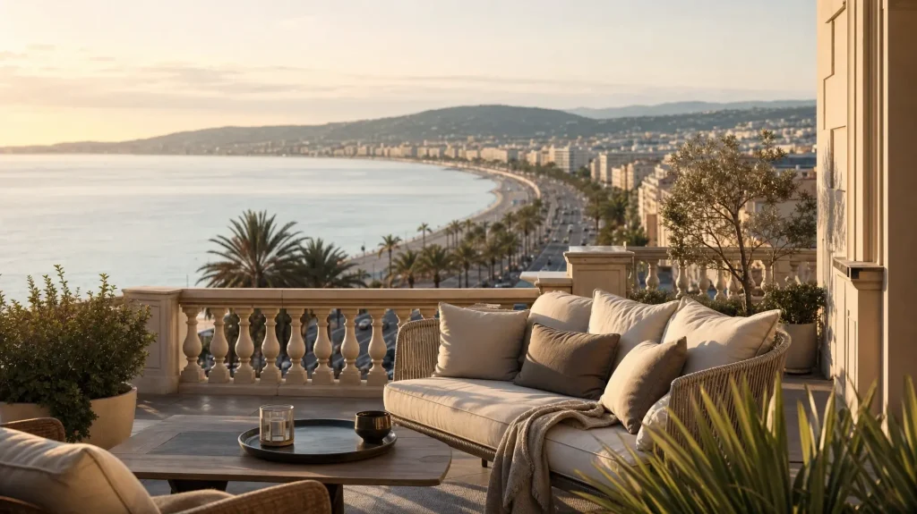 Terrasse d'un appartement en location saisonnière à Nice au coucher du soleil